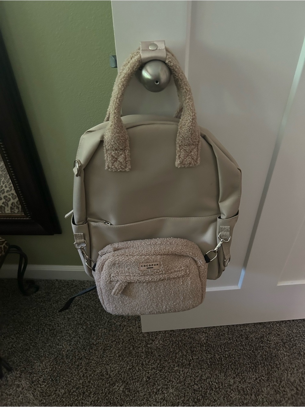 Beige Sherpa Accent Backpack Bag by Cocopup. NWT